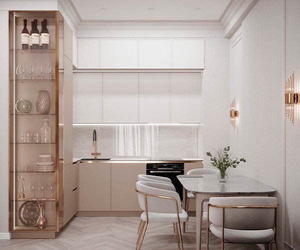 Reforma cocina con vidriera blanco y oro Santa Pola